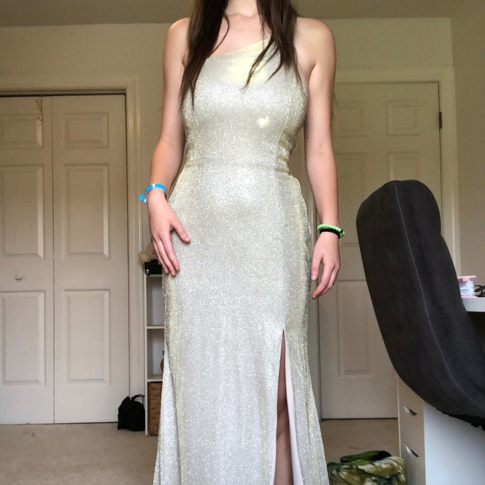 White gold sparkly prom dress with leg slit